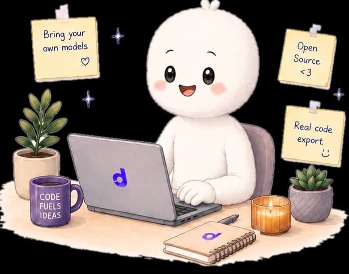 Illustration of a character working on a laptop surrounded by notes about open source, real code export, and bring your own models