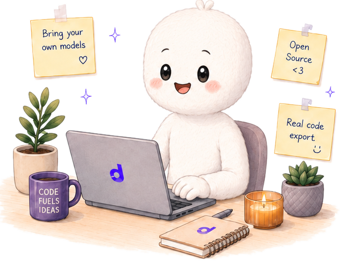 Illustration of a character working on a laptop surrounded by notes about open source, real code export, and bring your own models